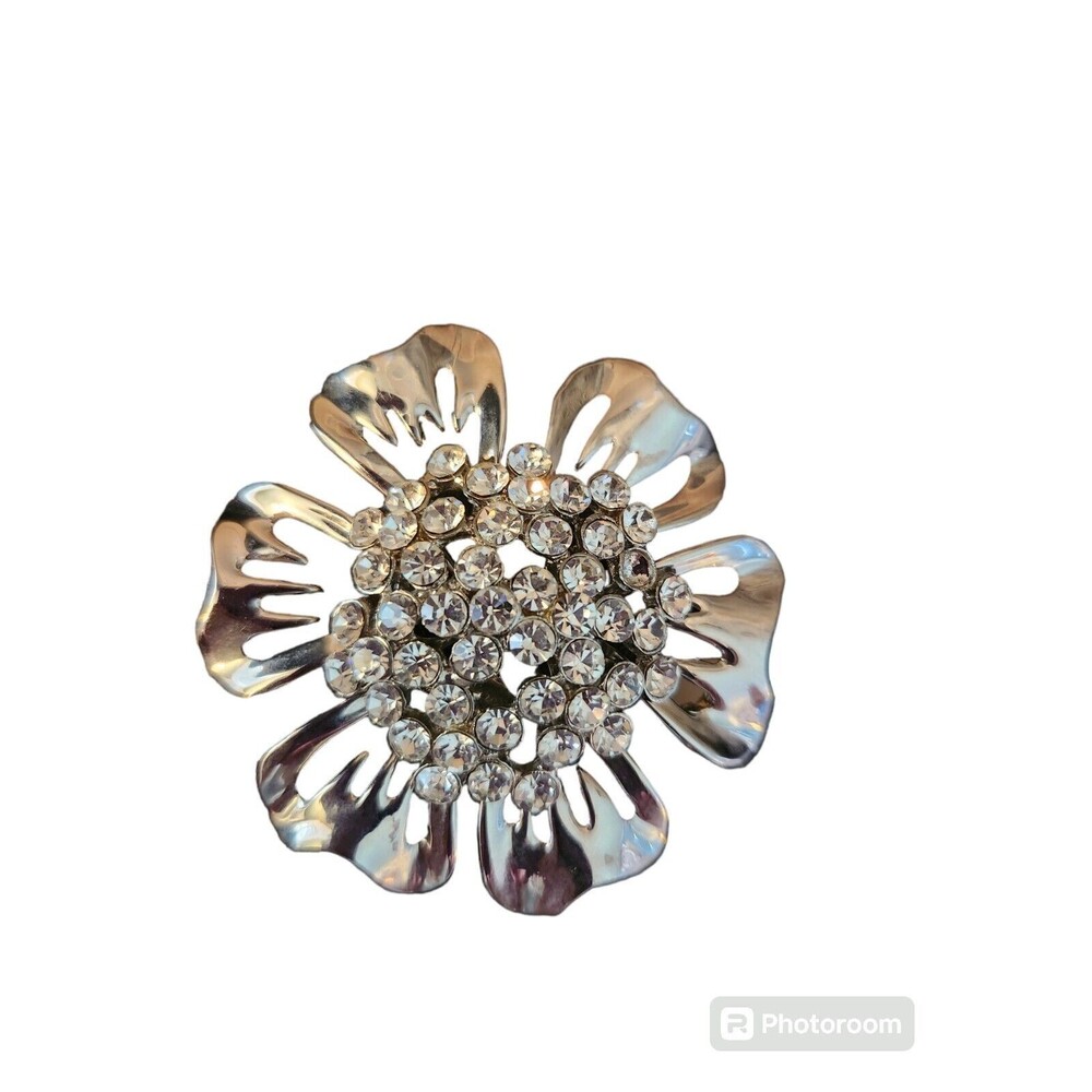 Silver Plated Rhinestone Center Heart Shaped Border Brooch 2"x2"
